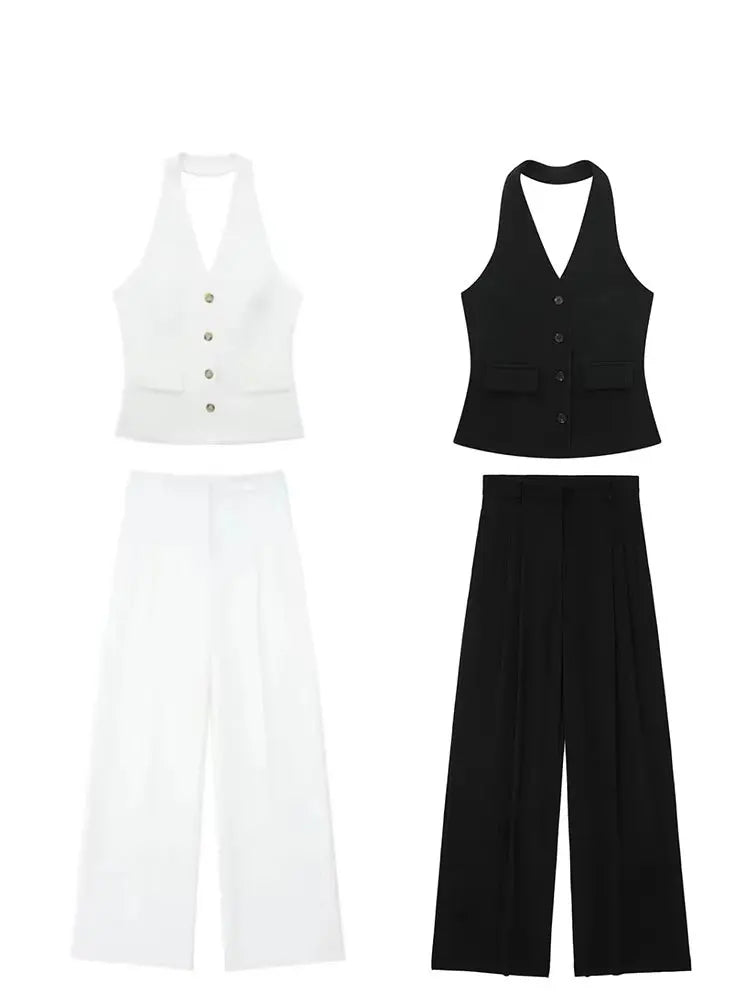 HH Hose-Sets für Damen, modisch, rückenfrei, Knopfleiste, Neckholder, bauchfreie Weste, Oberteil, gerade Hose, Hose, eleganter weißer Anzug, Streetwear