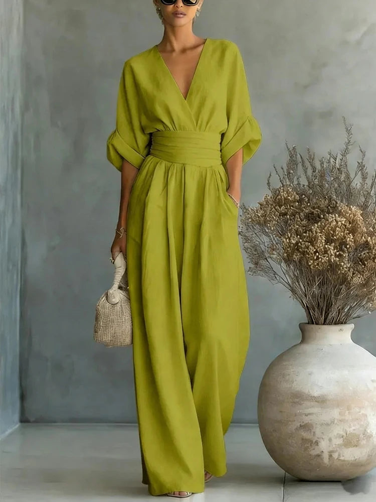 Elegante Damen-Jumpsuits mit hoher Taille, Sommer-Kurzarm-Overalls mit weitem Bein, lässige V-Ausschnitt-Jumpsuits in Unifarben, lockere Streetwear