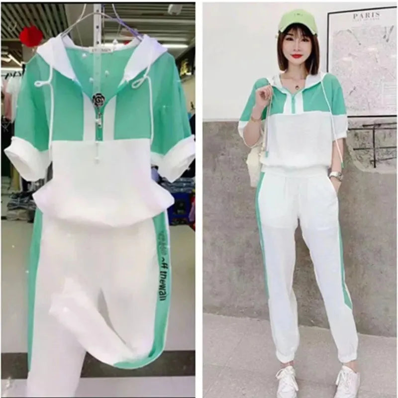 Damen 4xl Plus Size Kleidung Frühling und Herbst neue lässige Mode Anzug Kurzarm Kapuzen oberteile Hosen zweiteilige Sets für Frauen