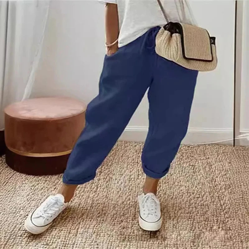 Einfarbig Kordelzug Elastische Taille Frauen Hosen Sommer Plus Größe Beiläufige Breite Bein Hosen Weibliche Lose Elegante Oversize Hosen