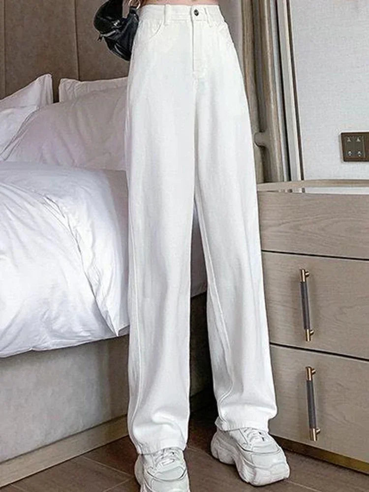Frauen Frühling hohe Taille lose Jeans weites Bein Jeans Dame Straße koreanische Version Baggy Pants weiße Mode gerade Bein Hose