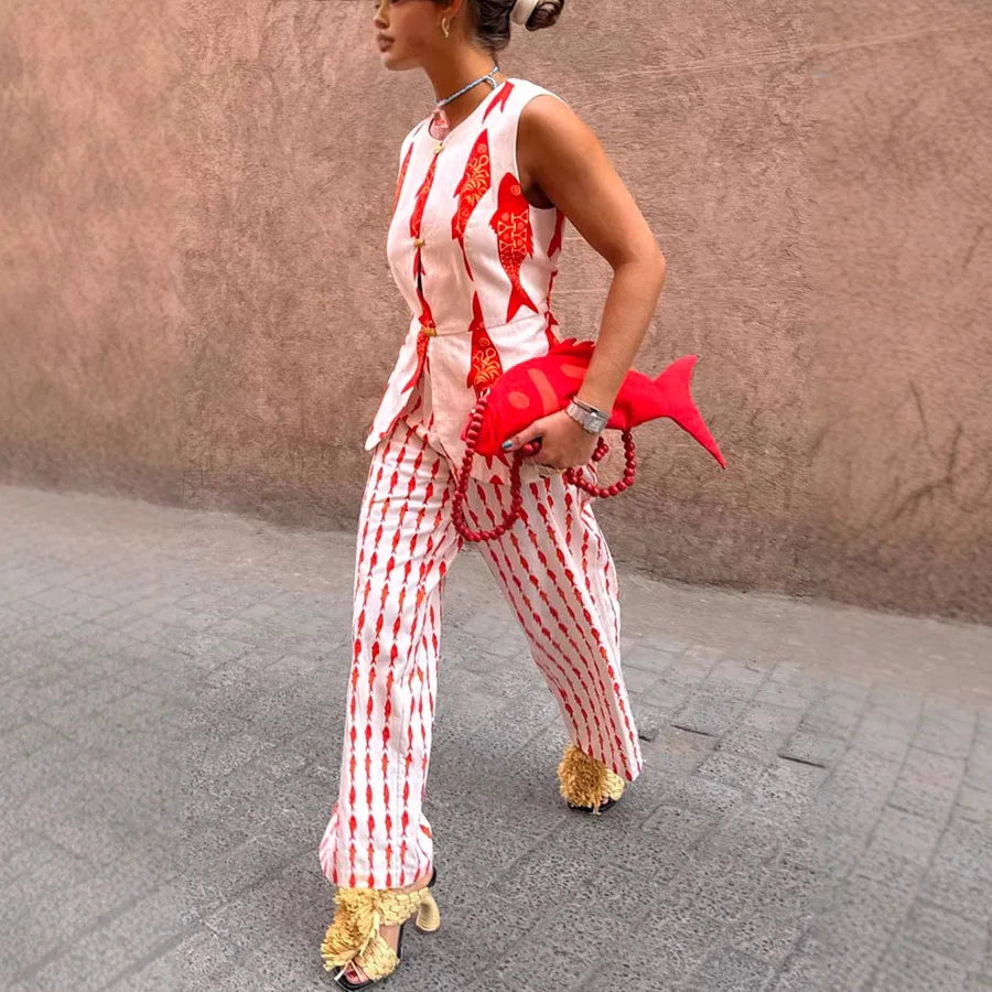 VEITCHE Cartoon Red Fish Print Lange Hosen Set Für Frauen 2025 Sommer Kurzarm Hemd Hohe Taille Breite Bein Hose 2 stück Sets