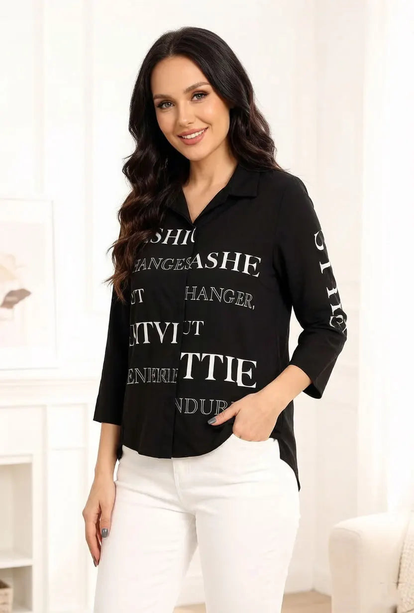 Damen Oversize-Bluse mit Buchstabenprint, schwarzes Revers-Langarmhemd mit Knopfleiste, lockeres, elegantes Oberteil
