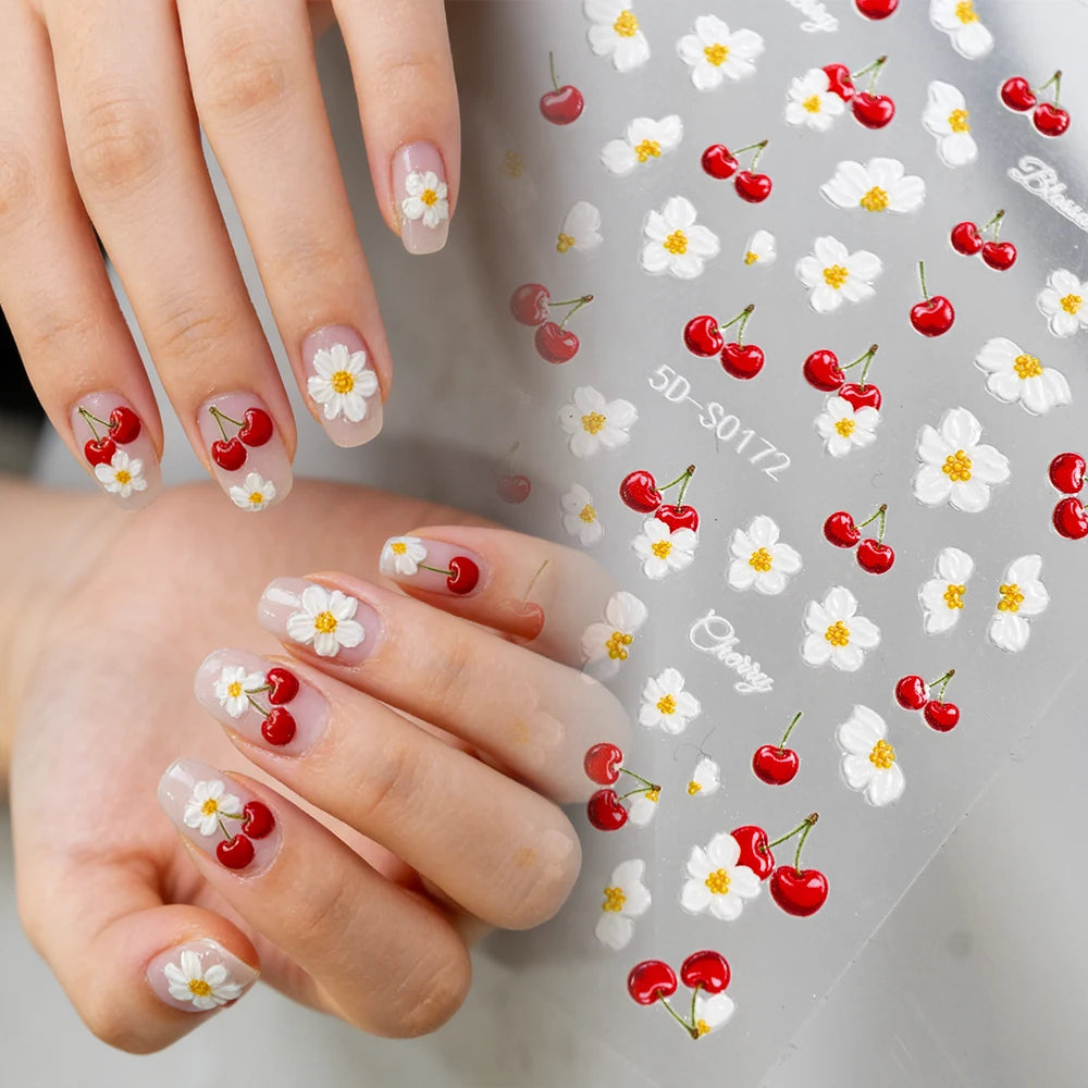 5D Frische Kirschblüten Nagelaufkleber Geprägte Frühlings-Blumen- und Fruchtdesigns DIY Süße Maniküre-Dekorationen