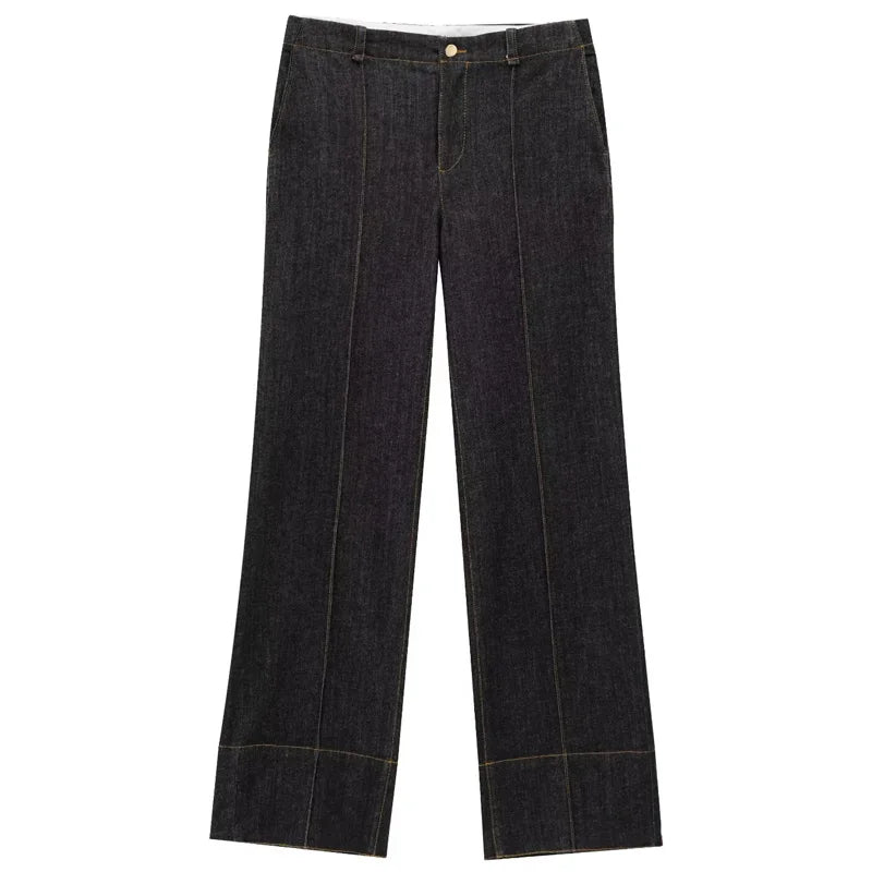 HXAO Schwarze Denim-Hosen-Sets für Damen, zweiteiliges Set, schmales Langarm-Shirt, 2-teiliges Set, Damen-Outfit, ausgestelltes Hosen-Set mit hoher Taille