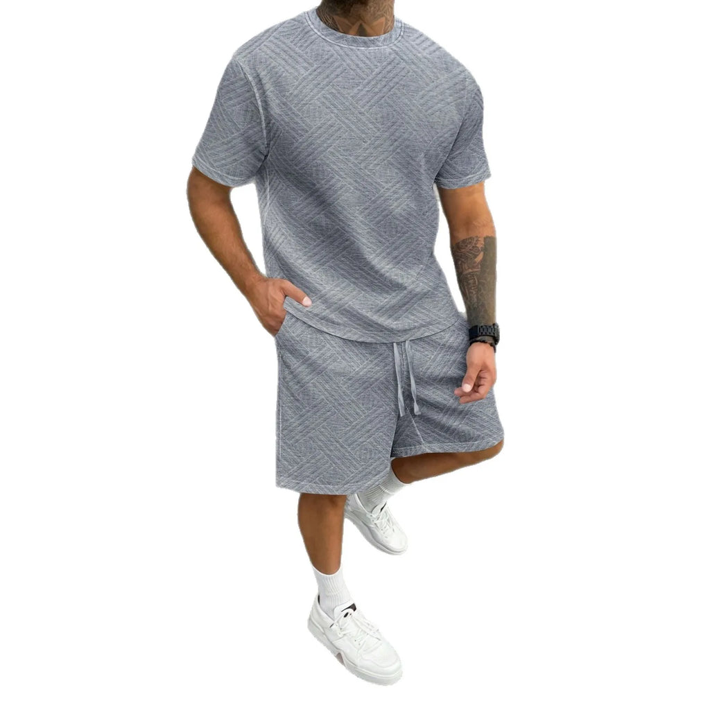 Herren Freizeit-Set mit Rundhals-T-Shirt und Shorts für Outdoor-Aktivitäten, Zweiteiliges Set für Frühling und Sommer, Einfarbig mit Blumenstickerei