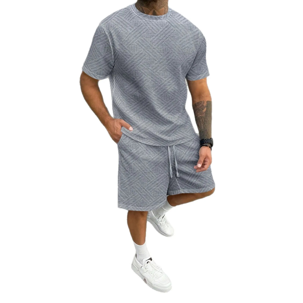 Herren Freizeit-Set mit Rundhals-T-Shirt und Shorts für Outdoor-Aktivitäten, Zweiteiliges Set für Frühling und Sommer, Einfarbig mit Blumenstickerei