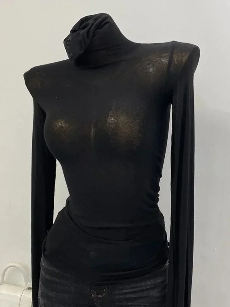 Rollkragen Slim Fit Hochwertiges Einfarbiges T-Shirt für Damen Baumwolle Elastisch Basic Damen-Oberteil Langarm Sexy Dünnes T-Shirt Transparent