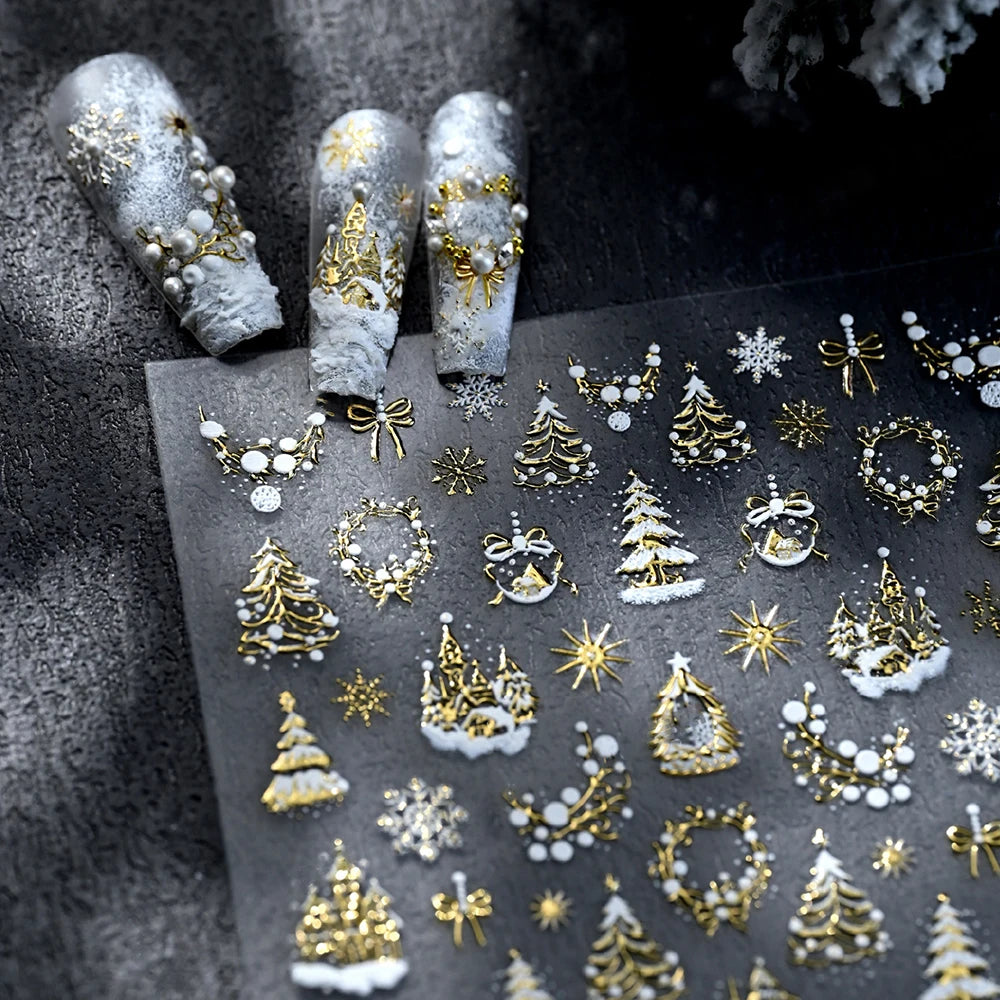 1 Stück 5D Dazzling Christmas Nail Art Aufkleber Gold/Rosa/Blau/Lila Weihnachtsbaum Schneekranz Nagelaufkleber Charmante Weihnachten Nageldeko