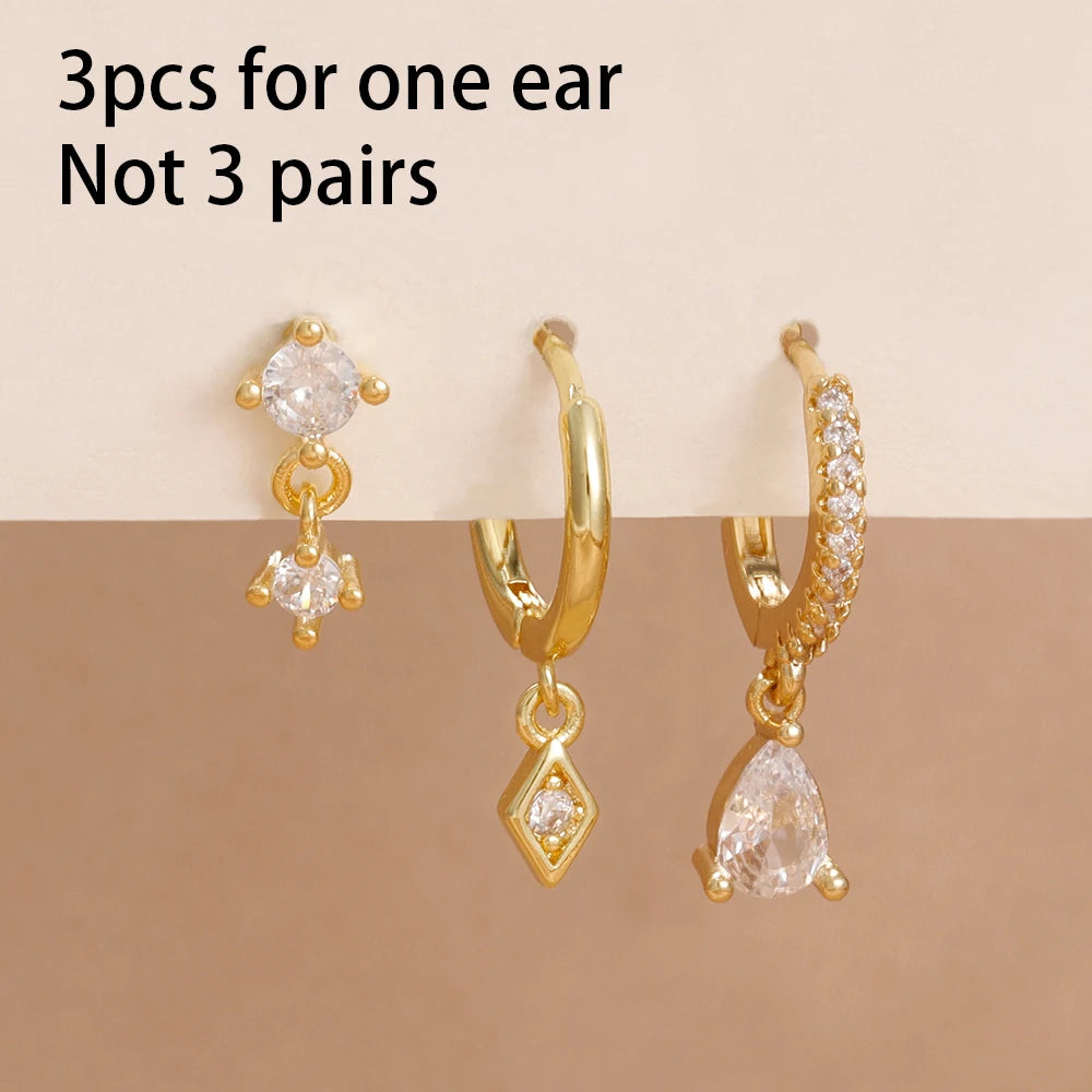 3PCS Neue Ankunft Französisch Design Edelstahl Kristall Mode Baumeln Ohrring Set Für Frauen Zirkon Anhänger Piercing Schmuck