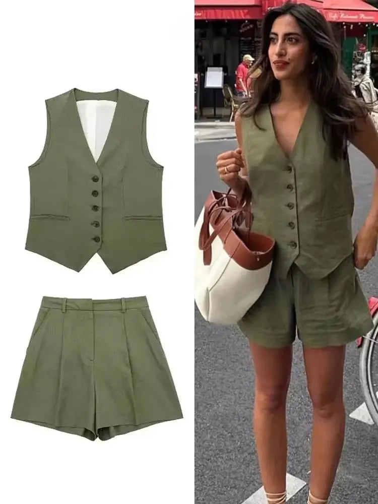 HH Frauen Elegante Feste Weste Hose Sets Einreiher V-ausschnitt Weste Top + Hohe Taille Dünne Shorts Dame Büro Tragen anzüge