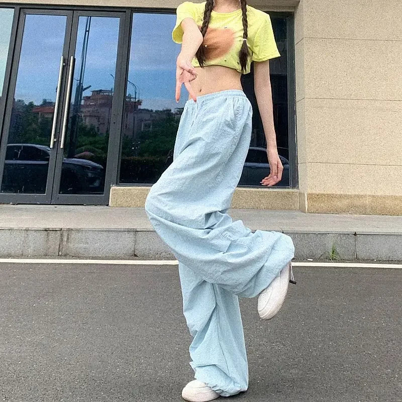 Leichte Dünne Fallschirm Hosen Frauen Kordelzug Hohe Taille Cargo Hosen Frau Harajuku Streetwear Breite Bein Baggy Jogginghose