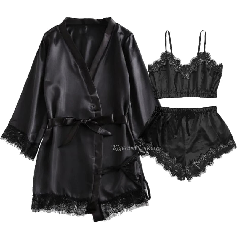 Schwarz Sexy Damen Pyjama Satin 4-teilig Spitze Seide Hosenträger Tops Shorts Robe Pyjama Set Nachthemd Unterwäsche Nachthemd Anzug
