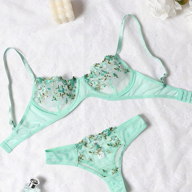 Lqycsx Dessous romantische sexy florale Spitze BH-Set 2 Stück verträumte Damen unterwäsche erotisch schiere feine Outfit exotische Höschen-Sets