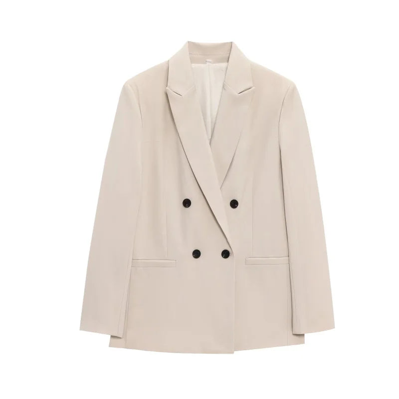 ETJ 2025 Frühjahrsneues Anzugset für Damen mit schultergepolstertem Zweireiher-Blazer und hoch taillierter, plissierter Hose mit weitem Bein