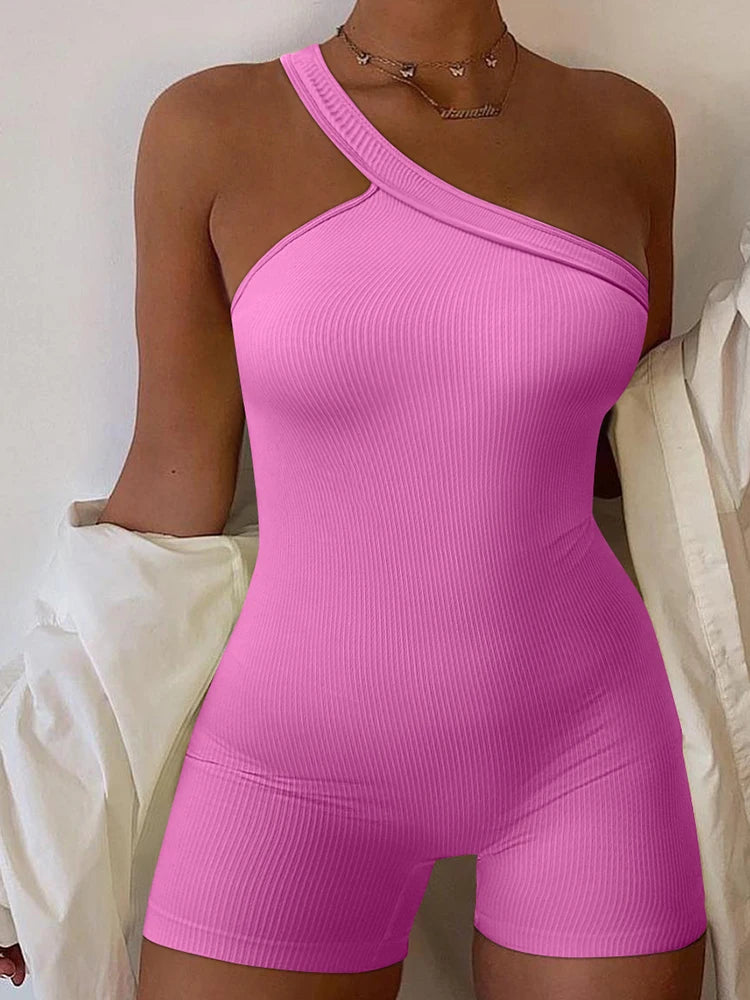 Damen-Yoga-Strampler, einteilig, Bauchkontrolle, nahtlos, gerippt, Overall, eine Schulter, einteilig, modisch, Fitness, Sportbekleidung