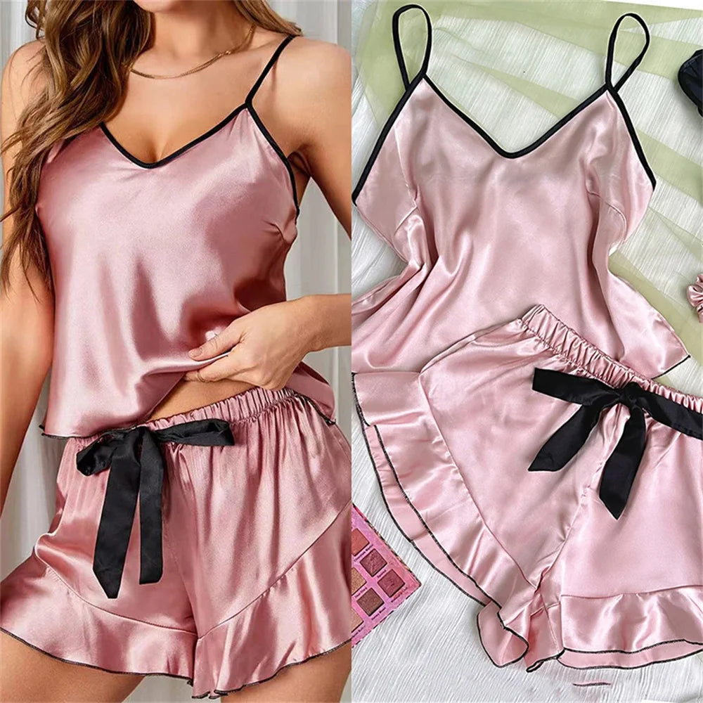 Damen-Pyjama aus glattem Satin, V-Ausschnitt, T-Shirt, gerüschte Kanten und Schleifen-Shorts, einfaches und atmungsaktives Pyjama-Set, Sling-Home-Kleidung