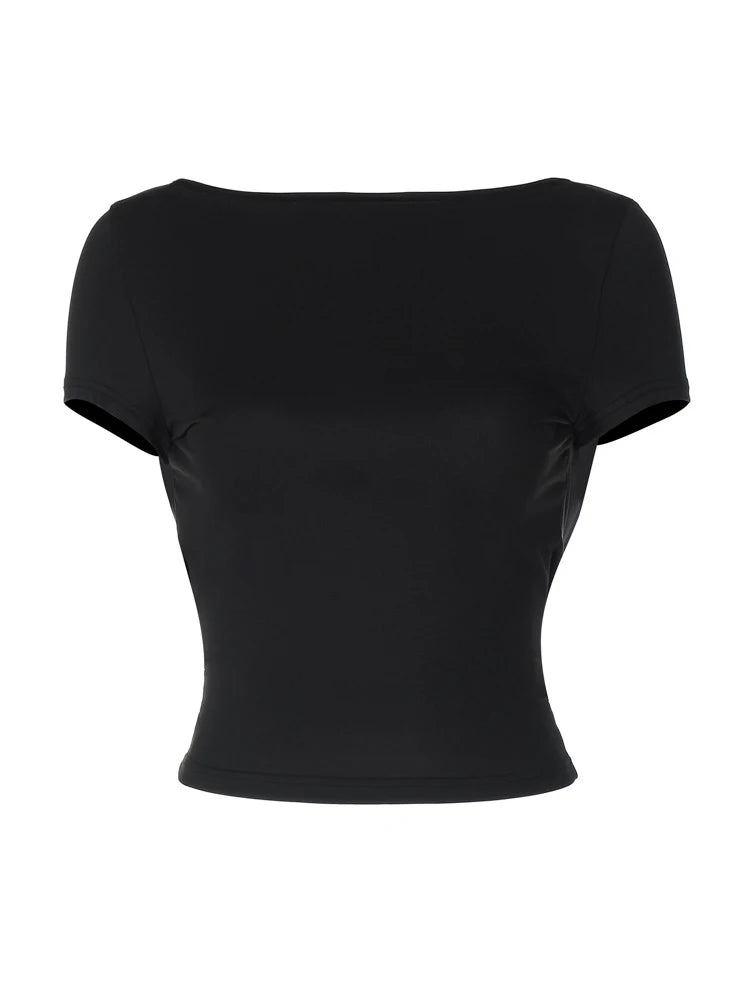 Frauen O Hals Kurzarm Backless Geraffte Crop Top Y2K Streetwear Sommer Frühling Casual T-Shirt Dropshipping