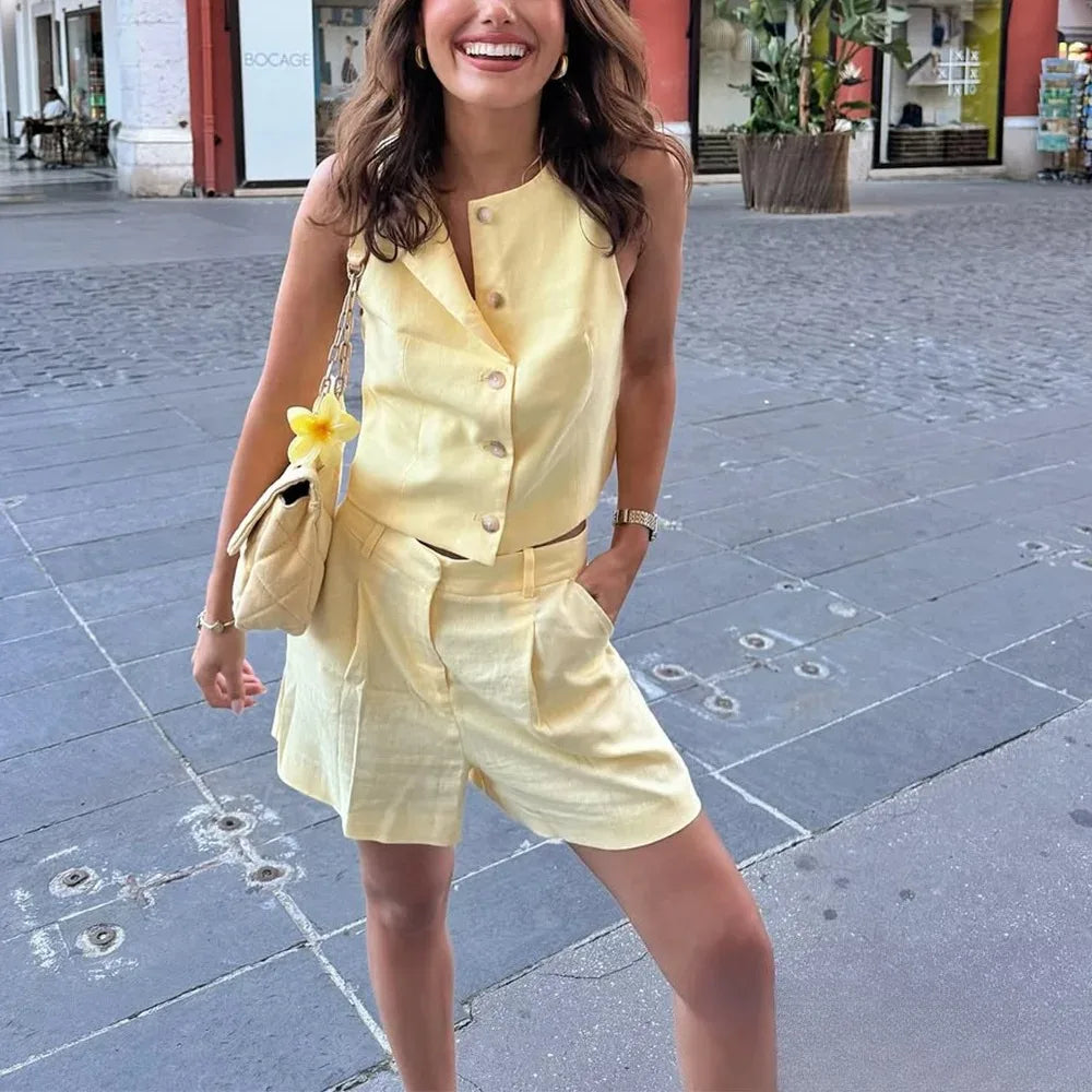 KONDALA Casual Chic Butter Gelb Frauen Anzug Solide Oansatz Taste Ärmelloses Top Zipper Gerade Shorts Mode 2025, Sommer Sets