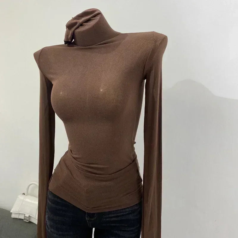 Rollkragen Slim Fit Hochwertiges Einfarbiges T-Shirt für Damen Baumwolle Elastisch Basic Damen-Oberteil Langarm Sexy Dünnes T-Shirt Transparent