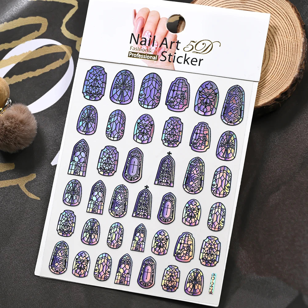 1/3 Stück 5D Aurora Buntglas-Nagelaufkleber Buntes Fenster-Rokoko-Blumenmuster Nagelkunst-Aufkleber DIY Maniküre Gotische Dekoration