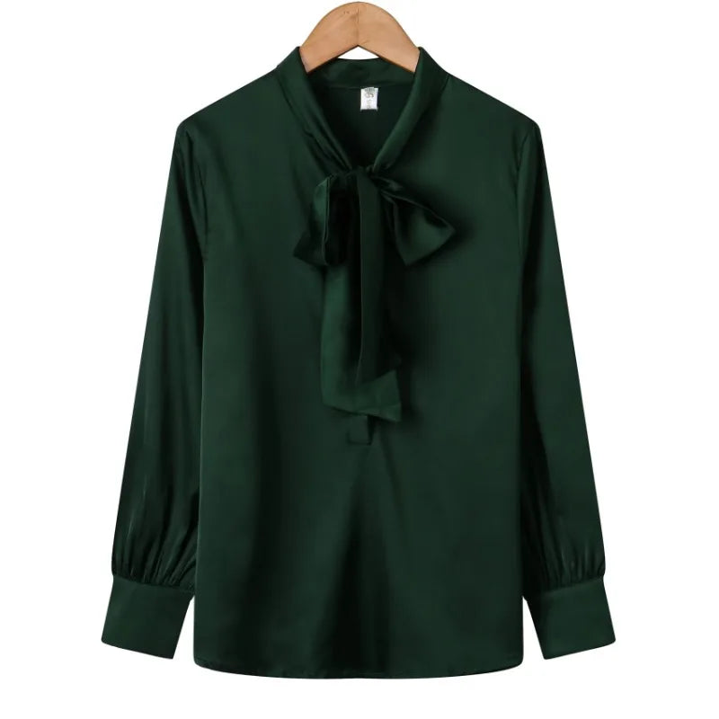 Modische Bluse, einfarbig, Seidenhemd, Schmetterlingskragen, Damen-Büro-Oberteil, langärmlig
