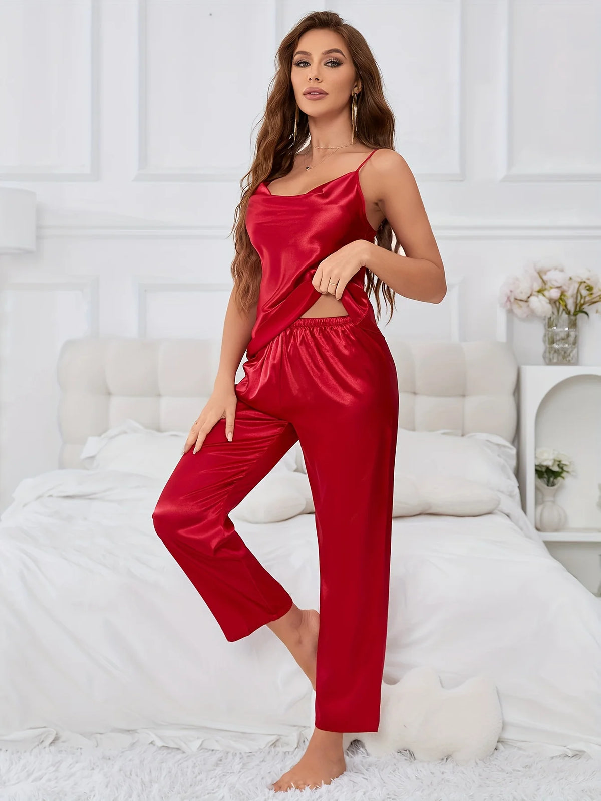 Sexy Pyjama-Sets aus festem Satin, ärmellose Loungewear, einfache, atmungsaktive Nachtwäsche für Damen