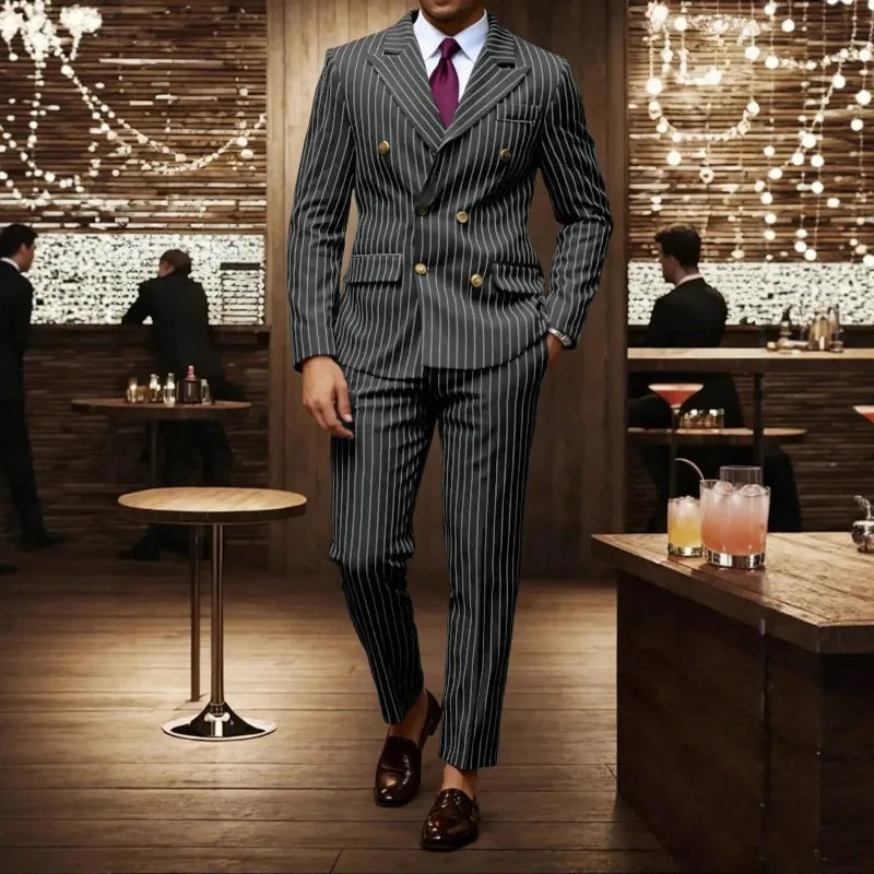 KIDWHXR Herren 2-teiliges Set Doppelreihiger Langarm-Blazer Gerade Geschnittene Hose Gestreifter Business-Hochzeits-Party-Anzug