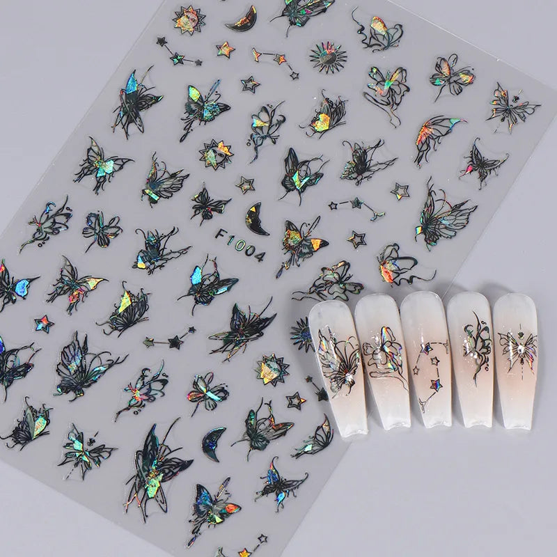 1PCS Schwarz Weiß Schmetterling Laser Nagel Aufkleber Y2K Nail art Dekoration Abstrakte Linien Bronzing Blumen Aufkleber Für Nägel