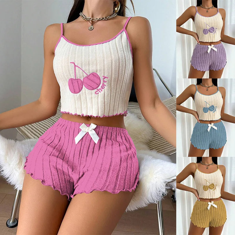 Sommer 2 stücke Pyjamas Set für Frauen Casual Einfache Boden Wolle Halfter Weste Shorts Set Hause Tragen Nachtwäsche Loungerwear