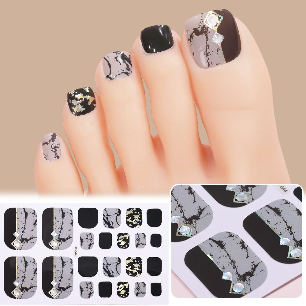 22 Tipps goldene Glitzer-Nagelaufkleber für Füße, 5 Farben, 11 Größen, vollständige Abdeckung, Fußkunst-Aufkleber, einfach zu erreichen, Zehen-Maniküre-Dekoration