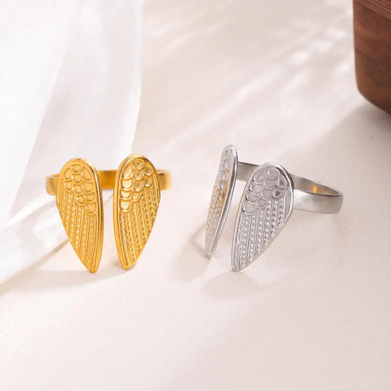 Minimalistische Textur Edelstahl Flügel Ringe für Frauen Gold Farbe Öffnung Paar Ring ästhetische Hochzeit Weihnachten Schmuck