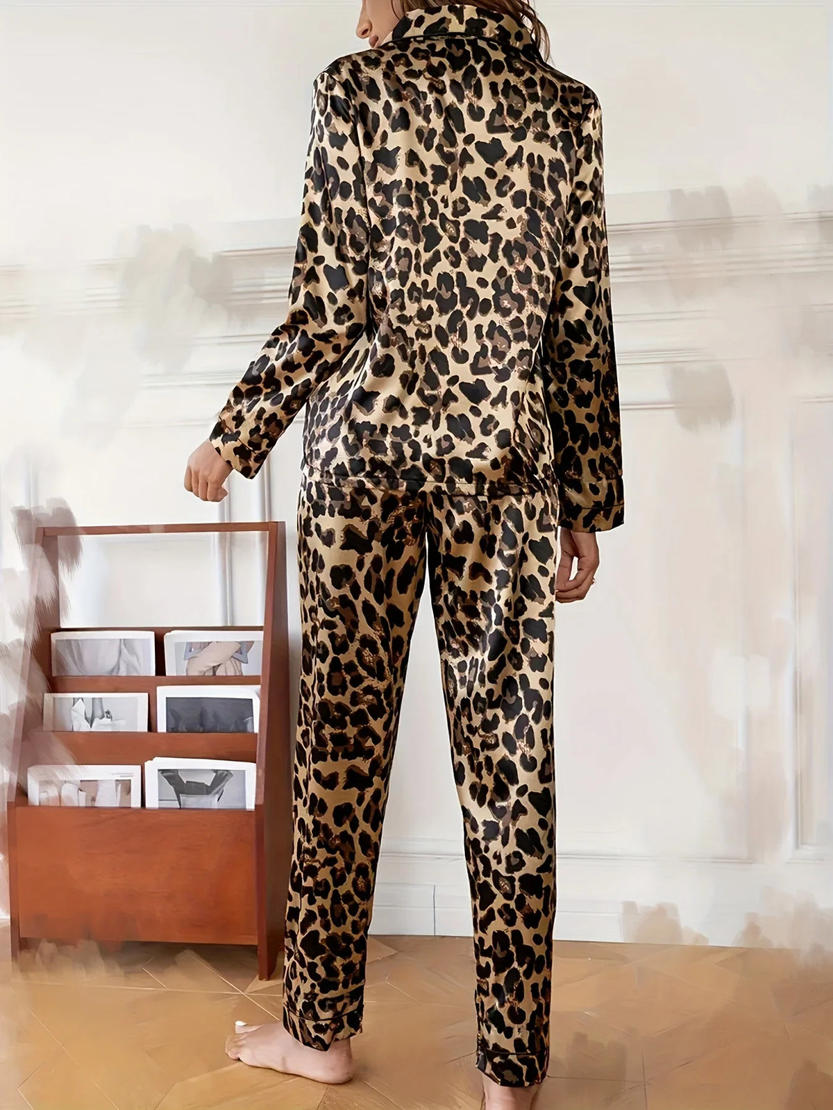 Herbst Winter Seidensatin Leopardenmuster Pyjama Set für Damen Nachtwäsche Lose lässige Langarm T-Shirt und Hosenanzüge
