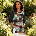 Damen-Bluse mit geometrischem Patchwork-Muster, Chiffon-Oberteil mit künstlerischem Druck und Netzärmeln, Rundhalsausschnitt, lässiges, locker sitzendes Sommerhemd
