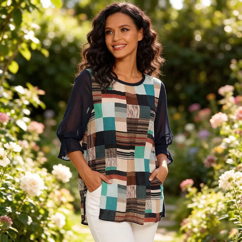 Damen-Bluse mit geometrischem Patchwork-Muster, Chiffon-Oberteil mit künstlerischem Druck und Netzärmeln, Rundhalsausschnitt, lässiges, locker sitzendes Sommerhemd