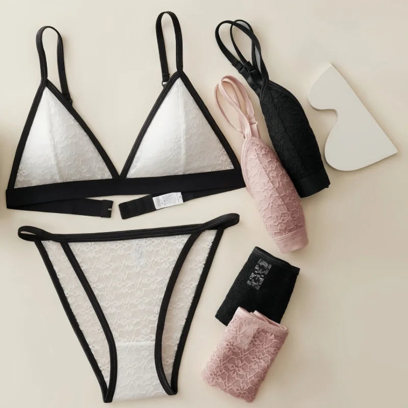 Frauen Spitze BH und Höschen Set drahtlose Bra lette niedrige Taille transparente Höschen weibliche ultra dünne sexy nahtlose Unterwäsche Set