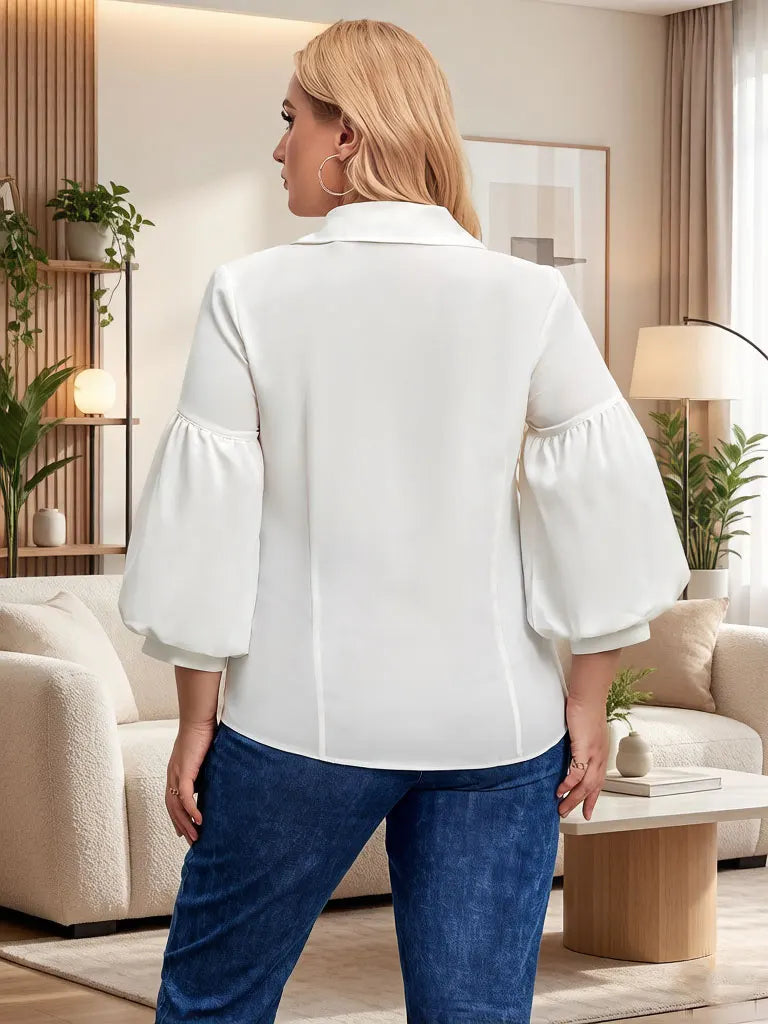 Damen Weiße Satin-Bluse mit Laternenärmeln und 3D-Blumen-Vogel-Stickerei Elegantes Büro-Arbeitsoberteil
