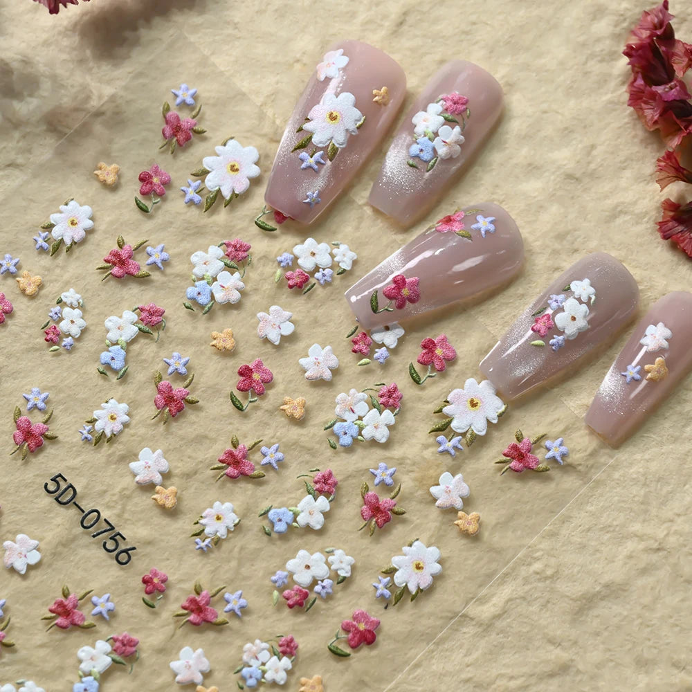 1 Stück 5D Relief Bunter Gänseblümchen-Nagelaufkleber Grünes Blatt Gänseblümchen-Nageldekor Frühlings-Klebefolie Gänseblümchen-Nagelslider