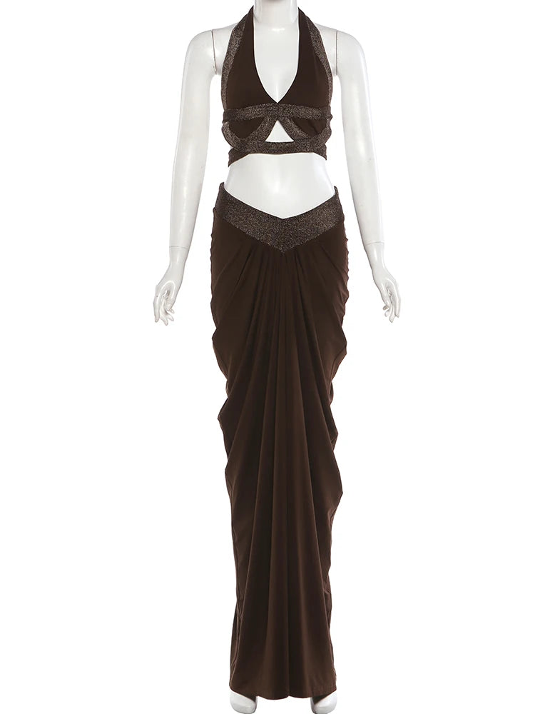 Nibber Prom Party Chic Patchwork 2-teiliges Set Frau Neckholder Low-Neck Rückenfreies Crop Tops + Elastische Taille Lange Röcke Elegante Anzüge