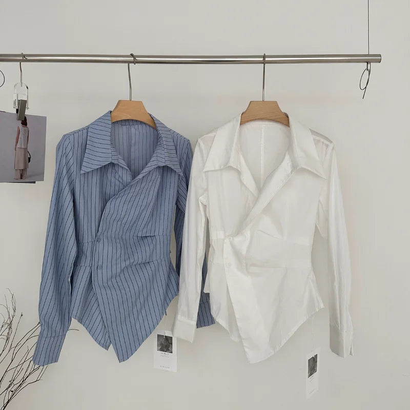 2025 frauen Vintage Unregelmäßige Weiße Blusen Damen Elegante Gestreifte Shirts Koreanische Langarm Chic Tasten Schlank Design Tops Neue