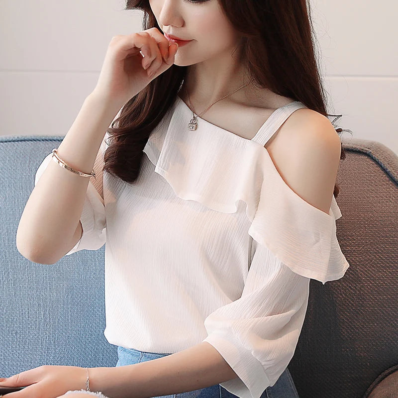 Damen-Oberteil, One-Shoulder-Bluse mit Rüschen, Kurzarm-Chiffonbluse