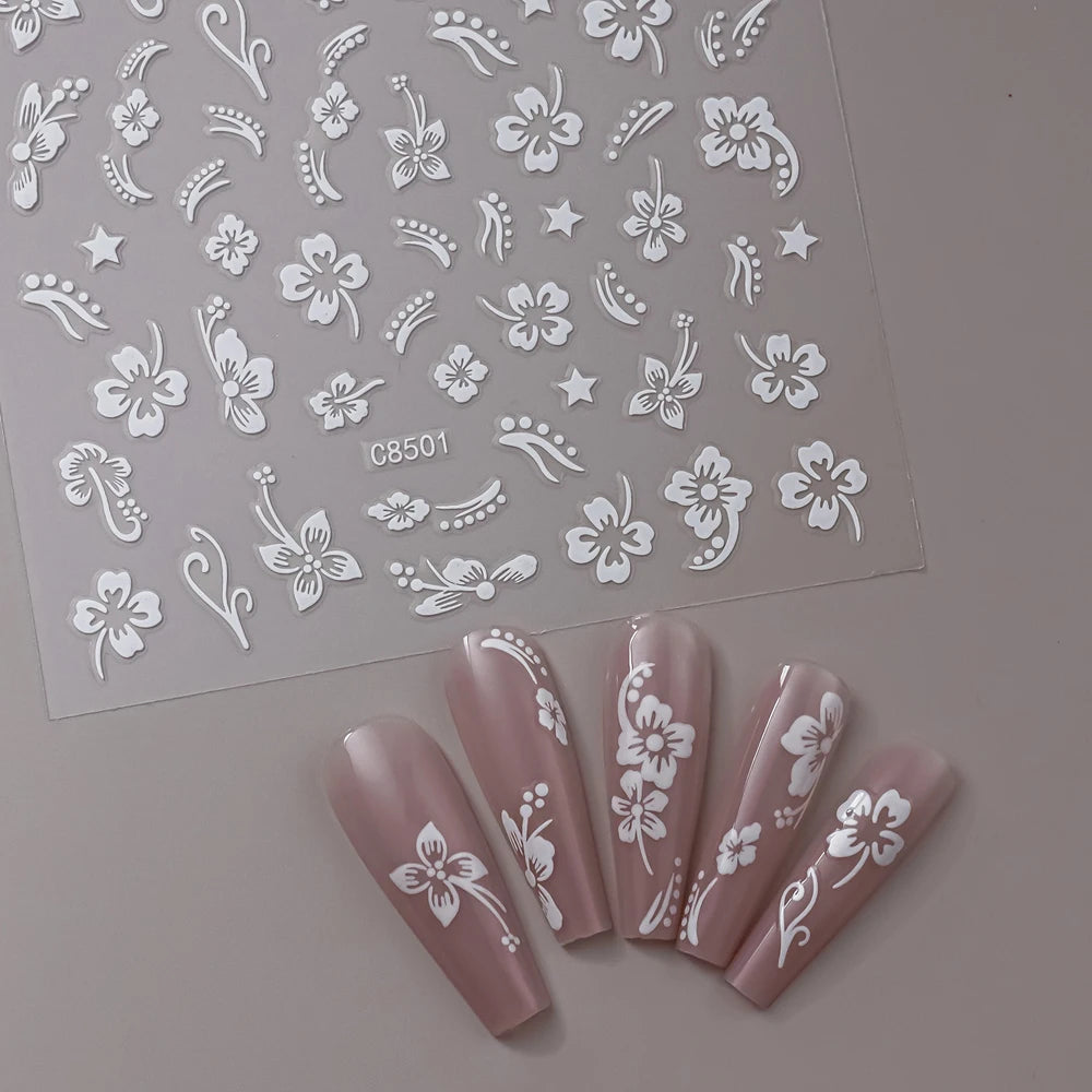 1/4/8 Stück 3D Hibiskus-Blumen Nagelaufkleber in Gemischten Farben Weiß Schwarz Rot Rosa Gold Silber Blühende Blütenblätter Selbstklebende Abziehbilder für Nägel