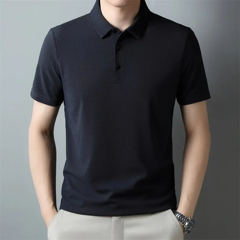 Neues lässiges Waffel-Kurzarm-Poloshirt für Herren, modisches einfarbiges Oberteil