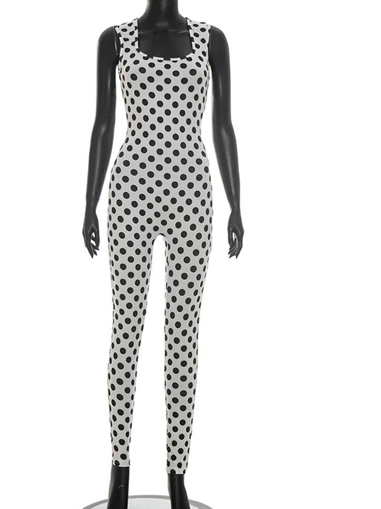 Bonnie Forest  Sexy Polka Dot Print Rückenfreier Jumpsuit Damen Sommer Ärmelloser Bodycon Romper Geraffter Einteiler Clubwear Outfits