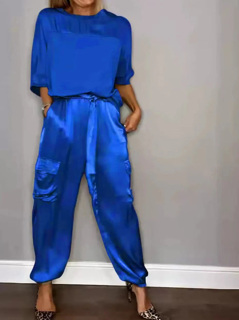 2024 Europäisches und amerikanisches grenzüberschreitendes neues modisches Damen-Kleidungsset aus glattem Satin mit halben Ärmeln, zweiteiliges Freizeit-Set