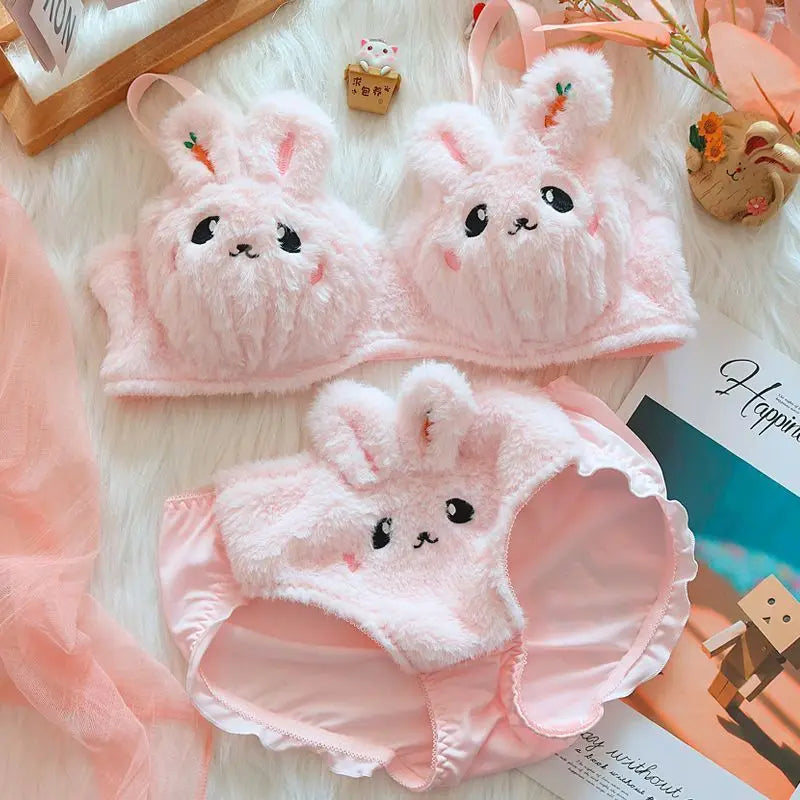 Niedliches Plüsch-Dessous-Set für Damen, japanisch, niedlich, ohne Stahlring, Push-up-BH-Set, bequeme und warme Unterwäsche, Höschen, Anzug für Damen