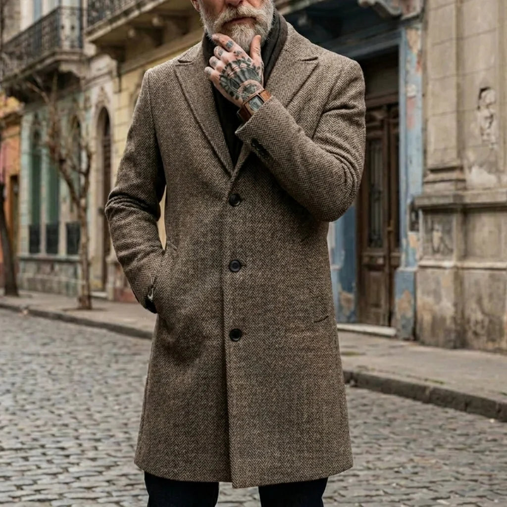 Herbst/Winter Herren Gestreifter Mantel Street Casual Jacke Lange Jacke Klassisches Muster Windjacke Warme Outdoor-Büro-Herrenbekleidung
