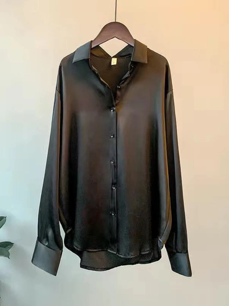 Casual Büro Dame Seide Blusen Herbst Langarm Button Up Hemd Frauen Elegante Winter Tops Büro Dame Acetat Bluse