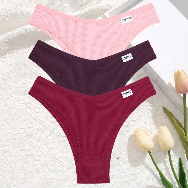 3 Teile/satz Frauen Sexy Waffel Plaid Baumwolle Brasilianische Höschen Niedrige Taille V Form Bikini Unterwäsche Weiche Atmungsaktive Weibliche Dessous
