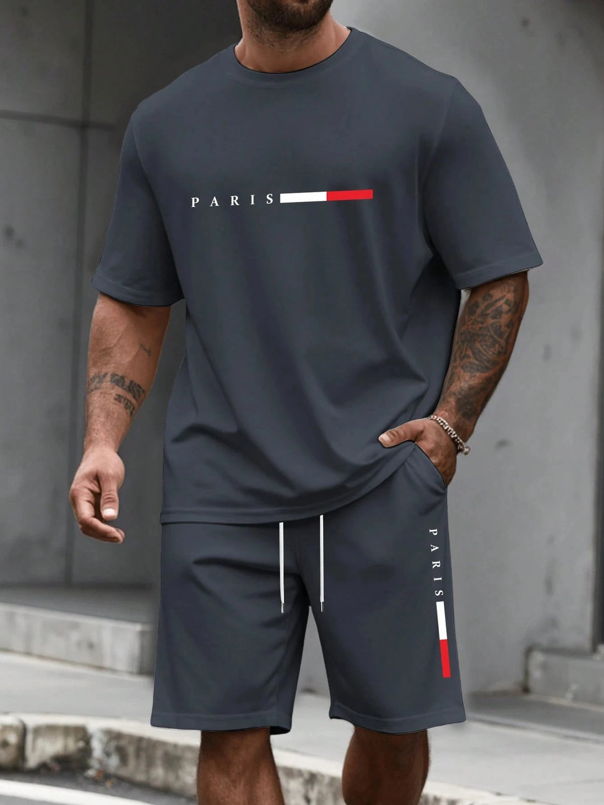 Paris-Buchstaben-Print Herren Frühling und Sommer Zweiteiler Set Lässiger Rundhals Kurzarm T-Shirt Shorts Sportanzug Bedruckte Kleidung